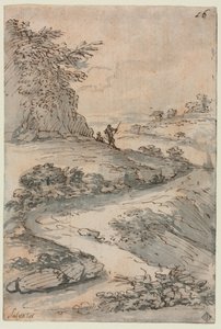 1600年代中期，蜿蜒的道路上的人物。 作者 救世主罗莎