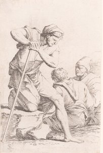两个人坐着，另一个人拿着法杖跪在石头上，来自于Seri...，约1656-1657。 作者 救世主罗莎