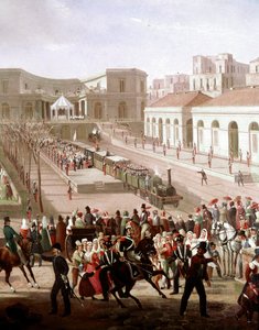 那不勒斯和波蒂奇之间的铁路线于 1839 年在国王费迪南德二世在场的情况下落成（1839 年那不勒斯和波蒂奇之间的铁路线落成）细节 - Salvatore Fergola（1799-1877）Museo Nazionale di San Martino Nap 绘画 作者 萨尔瓦多·费戈拉