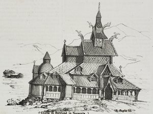 博尔贡木板教堂，挪威，Salvatore Puglia 石版画，Poliorama Pittoresco，n 40，5 月 14 日