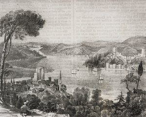 土耳其亚欧海岸上的博斯普鲁斯城堡，Gaetano Riccio 的石版画，选自 Poliorama Pittoresco，第 18 期，12 月 9 日 作者 萨尔瓦多·普利亚