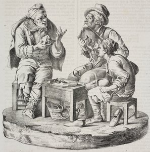 争议中的修鞋匠，Giacomo Bongiovanni 和 Giuseppe Vaccaro 的雕像，Salvatore Puglia 的石版画，来自 Poliorama Pittoresco，第 32 期，3 月 18 日 作者 萨尔瓦多·普利亚