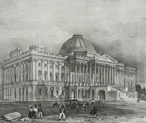 美国华盛顿国会大厦正面，萨尔瓦托·普利亚 (Salvatore Puglia) 石版画，来自 Poliorama Pittoresco，n 42，5 月 28 日 作者 萨尔瓦多·普利亚