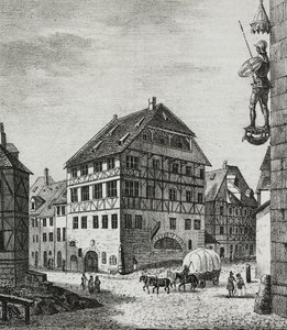 德国纽伦堡的阿尔布雷希特·丢勒 (Albrecht Durer) 之家 (1471-1528)，萨尔瓦托·普利亚 (Salvatore Puglia) 石版画，来自 Poliorama Pittoresco，n 31，3 月 12 日