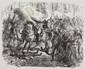 《马德里起义》，萨尔瓦多·普利亚 (Salvatore Puglia) 的石版画，出自切萨雷·马尔皮卡 (Cesare Malpica) (1804-1848) 的《拿破仑历史》，出自《Poliorama Pittoresco》，n 47，7 月 1 日 作者 萨尔瓦多·普利亚