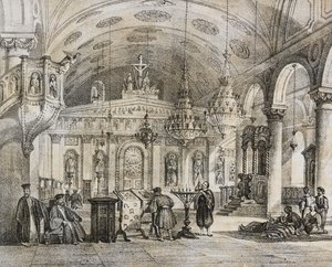 土耳其君士坦丁堡附近的 Baloukli 希腊教堂内部，萨尔瓦托·普利亚 (Salvatore Puglia) 的石版画，来自 Poliorama Pittoresco，n 28，2 月 15 日 作者 萨尔瓦多·普利亚