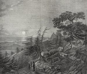 黎巴嫩贝鲁特附近黎巴嫩山雪松森林的景观，萨尔瓦托·普利亚 (Salvatore Puglia) 的石版画，来自 Poliorama Pittoresco，n 11，10 月 22 日 作者 萨尔瓦多·普利亚