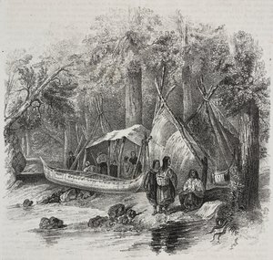 加拿大的美洲原住民，萨尔瓦托·普利亚 (Salvatore Puglia) 石版画，来自 Poliorama Pittoresco，n 43，6 月 3 日 作者 萨尔瓦多·普利亚