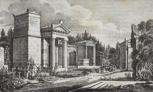 法国巴黎 Pere-Lachaise 公墓，Salvatore Puglia 的石版画，选自 Poliorama Pittoresco，第 19 期，12 月 17 日