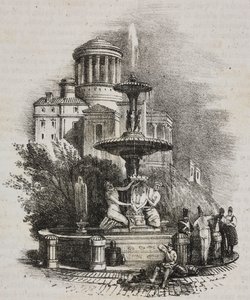 西班牙马德里普拉多喷泉，萨尔瓦多-普利亚石版画，选自 Poliorama Pittoresco，第 39 期，5 月 4 日 作者 萨尔瓦多·普利亚