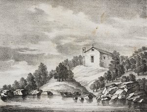 意大利普利亚佩斯基奇圣所，Salvatore Puglia 石版画，Poliorama Pittoresco，n 51，7 月 27 日 作者 萨尔瓦多·普利亚