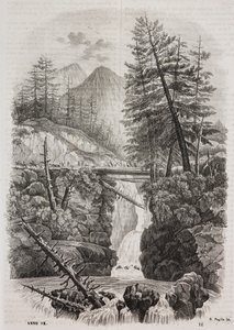 西班牙比利牛斯山脉上的吊桥，Salvatore Puglia 的石版画，选自 Poliorama Pittoresco，第 16 期，11 月 23 日 作者 萨尔瓦多·普利亚