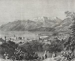 黎巴嫩贝鲁特和黎巴嫩山山脉景观，萨尔瓦托·普利亚 (Salvatore Puglia) 石版画，来自 Poliorama Pittoresco，n 8，10 月 1 日