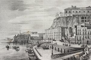 博尔戈圣卢西亚 (Borgo Santa Lucia) 景观，意大利坎帕尼亚那不勒斯，Salvatore Puglia 石版画，Poliorama Pittoresco，n 36，4 月 15 日