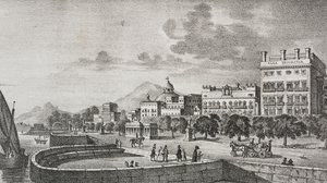 意大利西西里岛巴勒莫波旁论坛和 Trinacria 酒店景观，Salvatore Puglia 根据 Di Giovanni 的雕刻绘制的石版画，选自 Poliorama Pittoresco，第 37 期，4 月 19 日