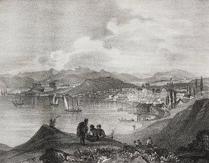 从希腊爱奥尼亚群岛奥利维托山俯瞰科孚岛，Salvatore Puglia 的石版画，选自 Poliorama Pittoresco，n 25，1 月 25 日