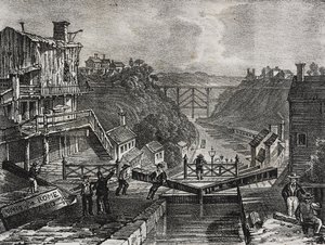 美国纽约州洛克波特景观，Salvatore Puglia 石版画，出自 Poliorama Pittoresco，n 1，8 月 10 日