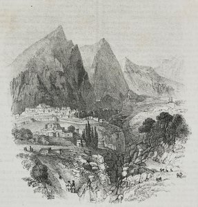 从希腊德尔斐眺望帕尔纳索斯山，Salvatore Puglia 的石版画，选自 Poliorama Pittoresco，第 46 期，6 月 25 日 作者 萨尔瓦多·普利亚