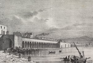 意大利坎帕尼亚 Torre Annunziata 铁路景观，Gaetano Riccio 石版画，来自 Poliorama Pittoresco，n 21，12 月 31 日