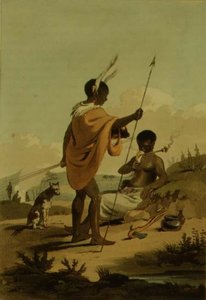Bushooana男人和女人，板块19，来自约翰-巴罗（1764-1848）绘制的《科钦纳州之旅》，威廉-亚历山大（1767-1816）绘制，托马斯-梅特兰（1755-1823）雕刻，1806（水印）。 作者 塞缪尔（之后）丹尼尔（Daniell）