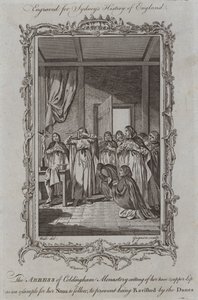 Coldingham Monastery 的女修道院院长切割她的鼻子和上唇，作为她的修女效仿的榜样，以防止被丹麦人蹂躏（雕刻）