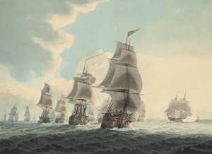 皇家海军中队沿着英吉利海峡行驶（铅笔、钢笔、黑色墨水和水彩纸本） 作者 塞缪尔（attr. to）阿特金斯