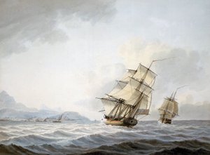 詹姆斯-库克船长（1728-1779 年）第三次航行（1776-1780 年）期间，"决议号 "和 "发现号 "在塔希提岛海岸附近航行。 作者 塞缪尔·阿特金斯