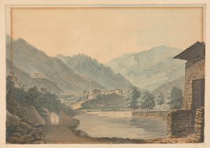 山景与建筑物和河流 作者 塞缪尔·戴维斯（Samuel Davis）