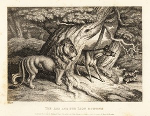 驴子与狮子一起狩猎时，会对猎物大声嘶叫。 1811（蚀刻）