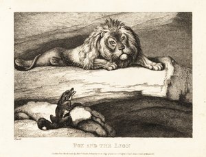 一只狐狸愚蠢地接近巢穴中的雄狮。1811年（蚀刻版画） 作者 塞缪尔·豪伊特