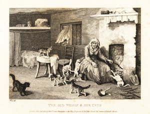老巫婆坐在小屋里的壁炉旁，周围都是猫。1811（蚀刻版画）