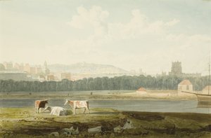 横跨浮动海港的景色，包括圣乔治教堂、布兰登山和大教堂，约 1825 年（纸上铅笔和水彩）