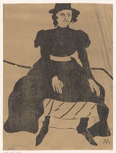 戴帽子、穿黑色礼服的坐着的妇女，双手放在膝盖上 作者 Samuel Jessurun de Mesquita（艺术家签名）