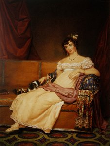 沃特豪斯夫人和她的小猎犬坐在沙发上（纸上水彩画）。