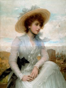 戴草帽的年轻女子肖像 塞缪尔·卢克·菲尔德斯 (Samuel Luke Fildes) 版画 (1843-1927) 19 世纪巴黎，装饰艺术