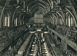 詹姆斯二世在威斯敏斯特大厅的加冕晚宴》，1685年，1947年。   作者 塞缪尔·摩尔