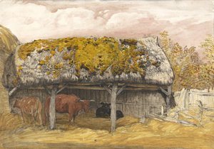 一座生苔屋顶的牛舍，约摄于1829年（钢笔和墨水，水彩和水粉纸本） 作者 塞缪尔·帕尔默（Samuel Palmer）