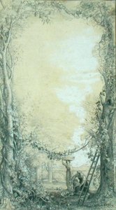 复古，为查尔斯-狄更斯的《意大利图片》设计的插图（铅笔和水彩在描图纸上铺在卡片上）。 作者 塞缪尔·帕尔默（Samuel Palmer）