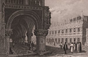 总督宫 (Palazzo Ducale) 拱廊的透视图，可看到圣马可广场和图书馆宫，威尼斯，威尼托，意大利，塞缪尔·普劳特 (Samuel Prout，1783-1852) 绘制后的钢雕刻，约 15x11.5 厘米