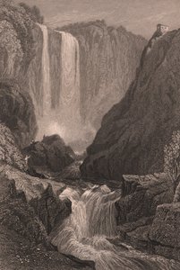 意大利翁布里亚特尔尼附近的马尔莫尔瀑布 (Cascata delle Marmore) 景观，由 Samuel Prout（1783-1852 年）绘制后的钢雕刻，约 15x11.5 厘米 作者 塞缪尔·普鲁特
