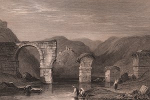 意大利翁布里亚纳尔尼内拉河上的奥古斯都桥（Ponte di Augusto）罗马遗址景观，由塞缪尔·普劳特（Samuel Prout，1783-1852）绘制后钢雕刻，约 15x11.5 厘米