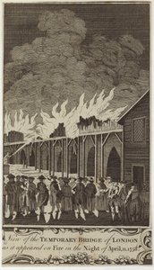 1758年4月11日晚上它出现在火上的伦敦临时桥的视图 作者 塞缪尔·瓦尔