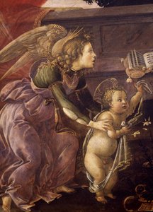 三位天使的圣母子（Madonna del Padiglione），天使与基督的细节 作者 桑德罗·波提切利（Sandro Botticelli）