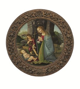 圣母与年轻的施洗者圣约翰拥抱基督圣婴（钢笔画和油彩，镶板） 作者 桑德罗（和车间）波提切利