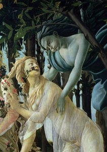 Primavera：面板上的Zephyr和Flora蛋彩画细节 作者 桑德罗·波提切利（Sandro Botticelli）