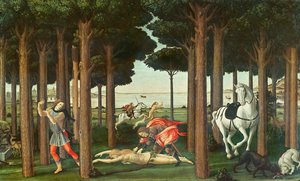 女人的剥夺：Nastagio degli Onesti故事的场景二，c.1483（面板上的蛋彩画）