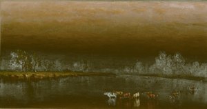 夕阳下的池塘里的奶牛，1860年。 作者 桑福德·罗宾逊·吉福德