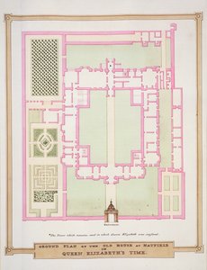 伊丽莎白女王时代哈特菲尔德老房子的平面图，自1825年出版的“伊丽莎白女王法院回忆录”（纸上水粉和水粉） 作者 艾塞克斯（Essex）的莎拉伯爵夫人（Sarah Countess）