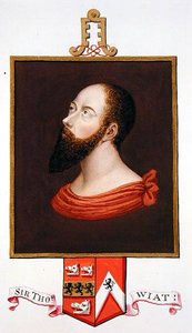老托马斯-怀亚特爵士（约1503年-1542年）的肖像，出自《伊丽莎白女王宫廷回忆录》，是根据小汉斯-霍尔拜因（约1485-1543年）的画板绘制的，于1825年出版（纸上水彩和水粉画）。 作者 艾塞克斯（Essex）的莎拉伯爵夫人（Sarah Countess）