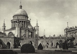 Potsdam, Stadtschloss, Blick auf die Nikolaikirche; Town Palace, View of St Nicholas (b/w photo)